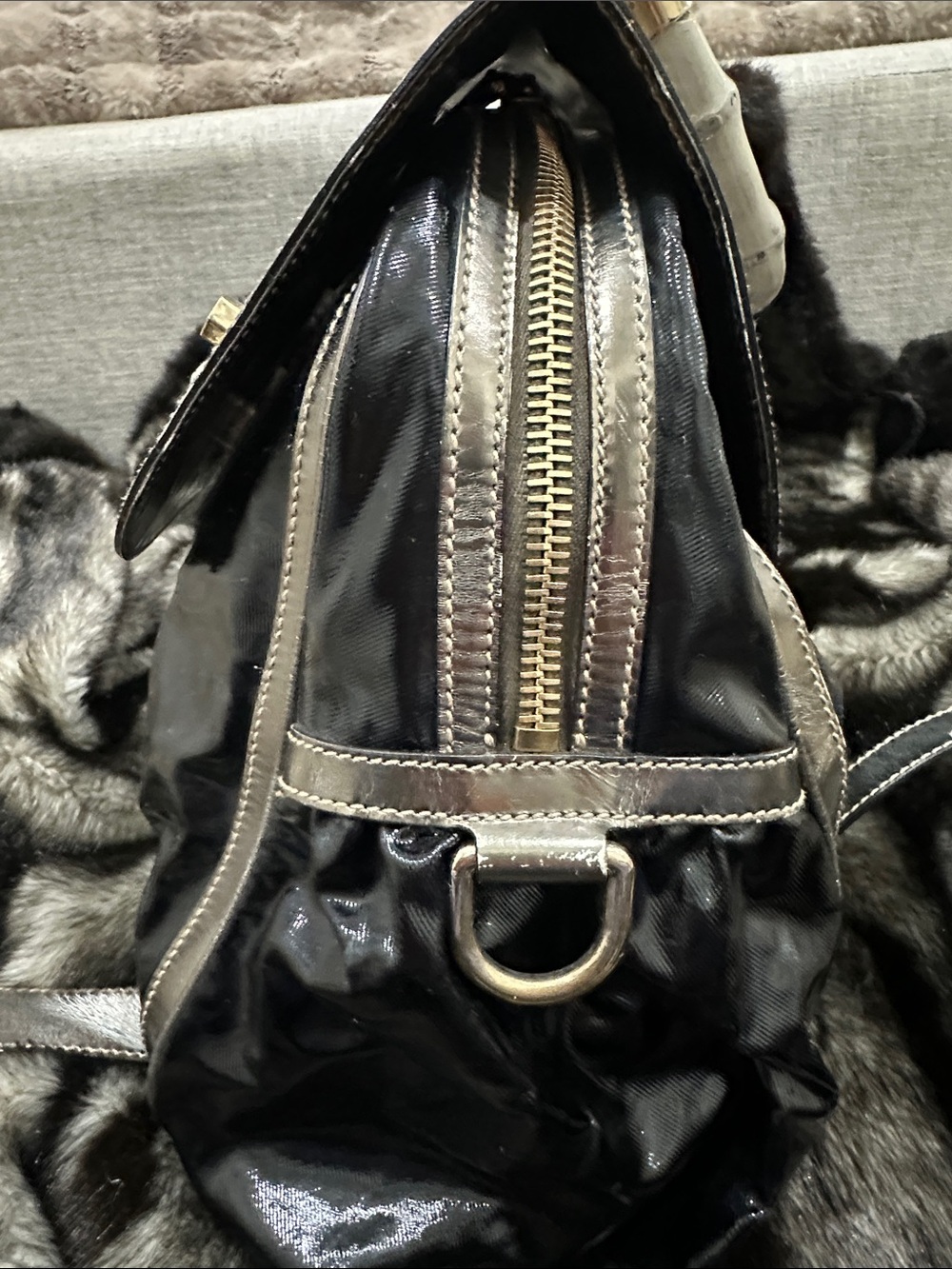 GUCCI metallic Silver and Black Top-Handle GUCCI bamboo LARGE purse - Picture 4 of 16